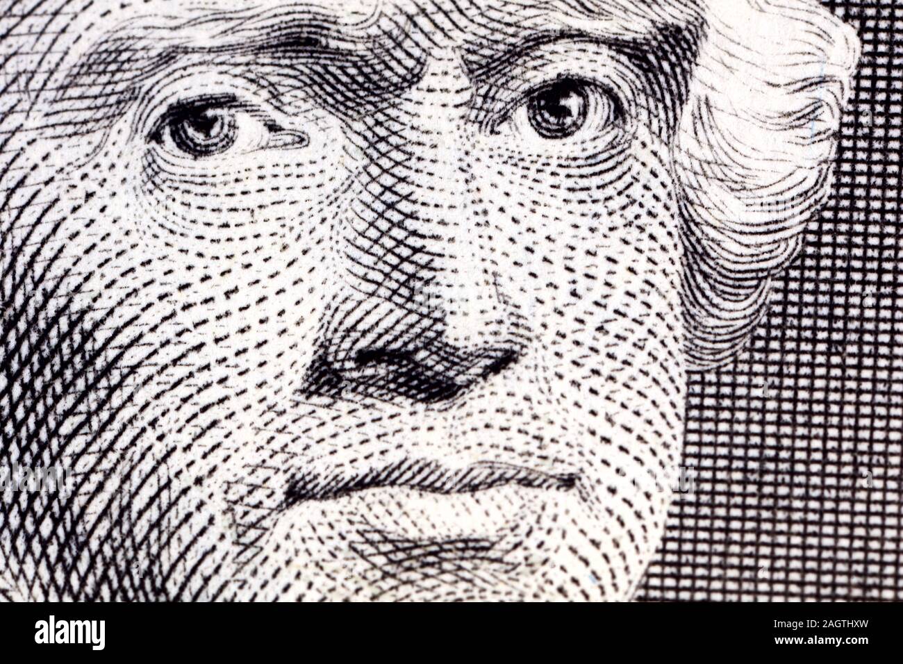 Nahaufnahme von Thomas Jefferson auf USA-Dollar Bill Stockfoto