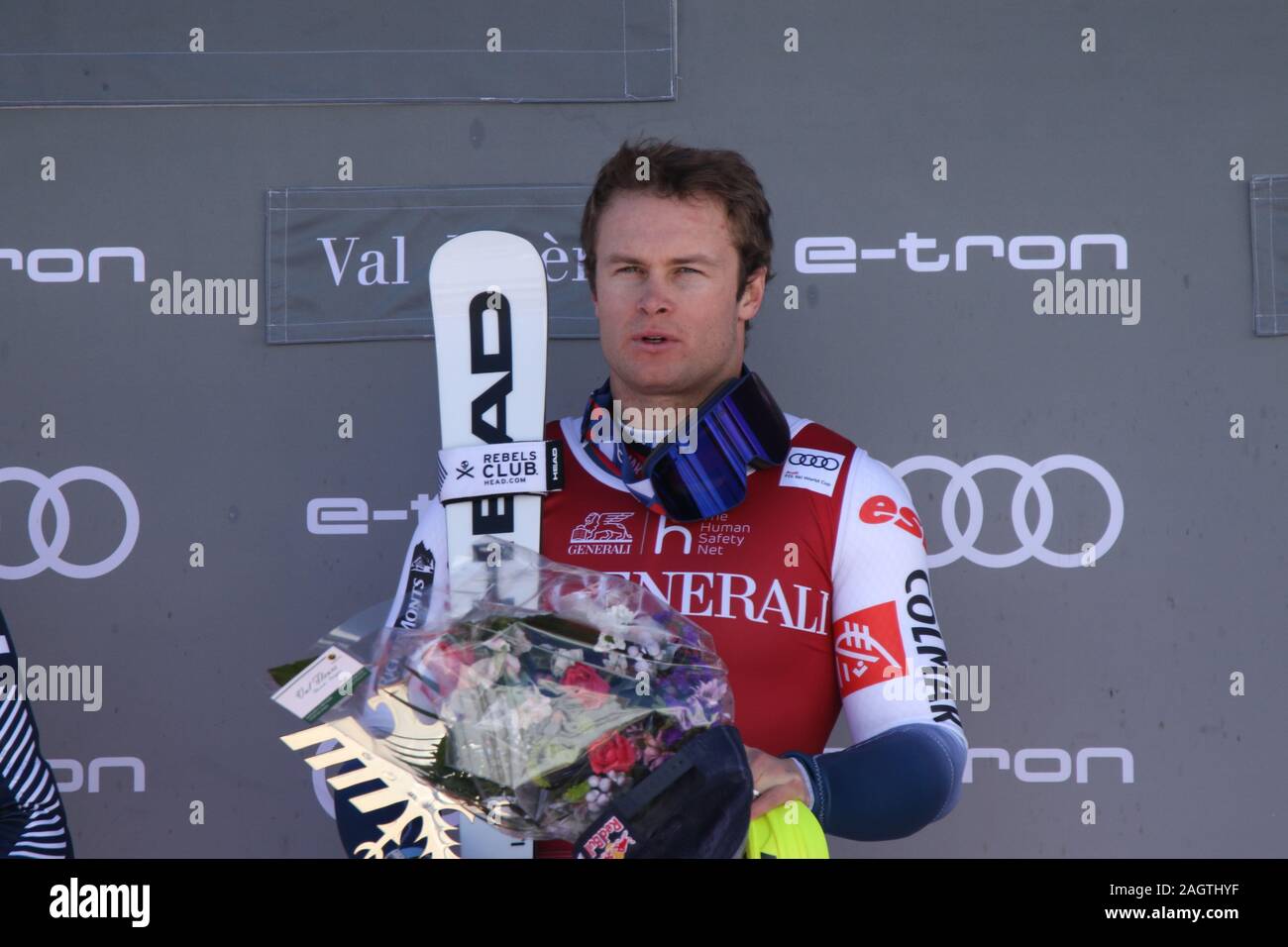 Alexis Pinturault Alpinskifahrer von Courchevel Frankreich auf dem Podium im Audi FIS Ski World Cup 2019 im Val d'Isere Stockfoto