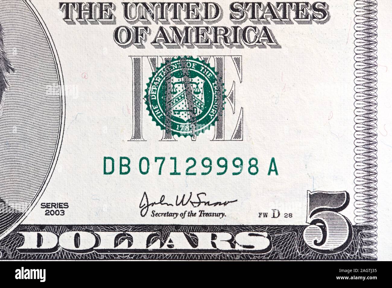 Vereinigten Staaten fünf Dollar Bill Stockfoto
