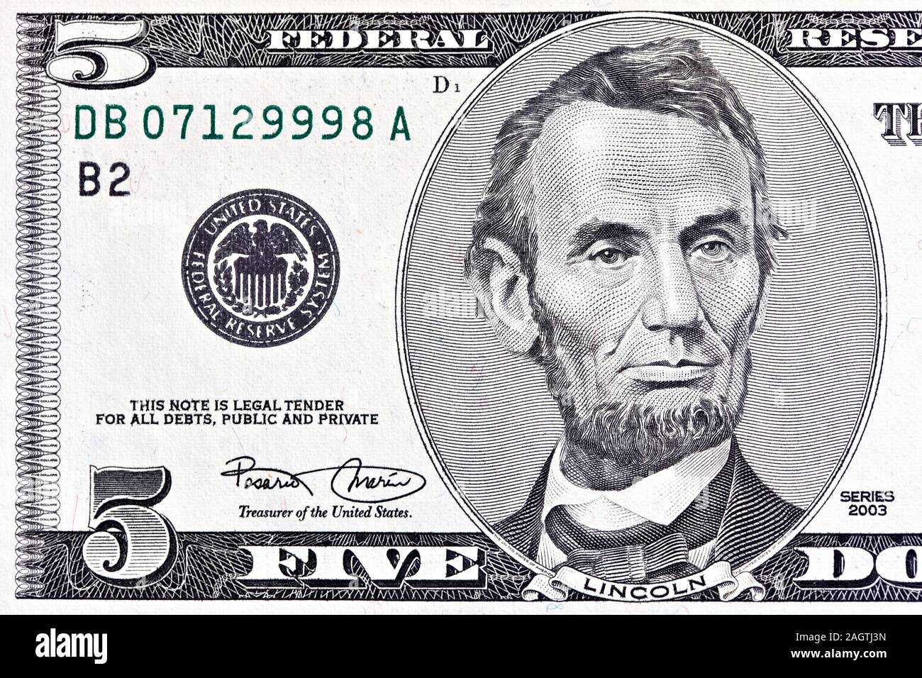 Bund Fed Reserve Dichtung auf die Vereinigten Staaten fünf Dollar Bill Stockfoto