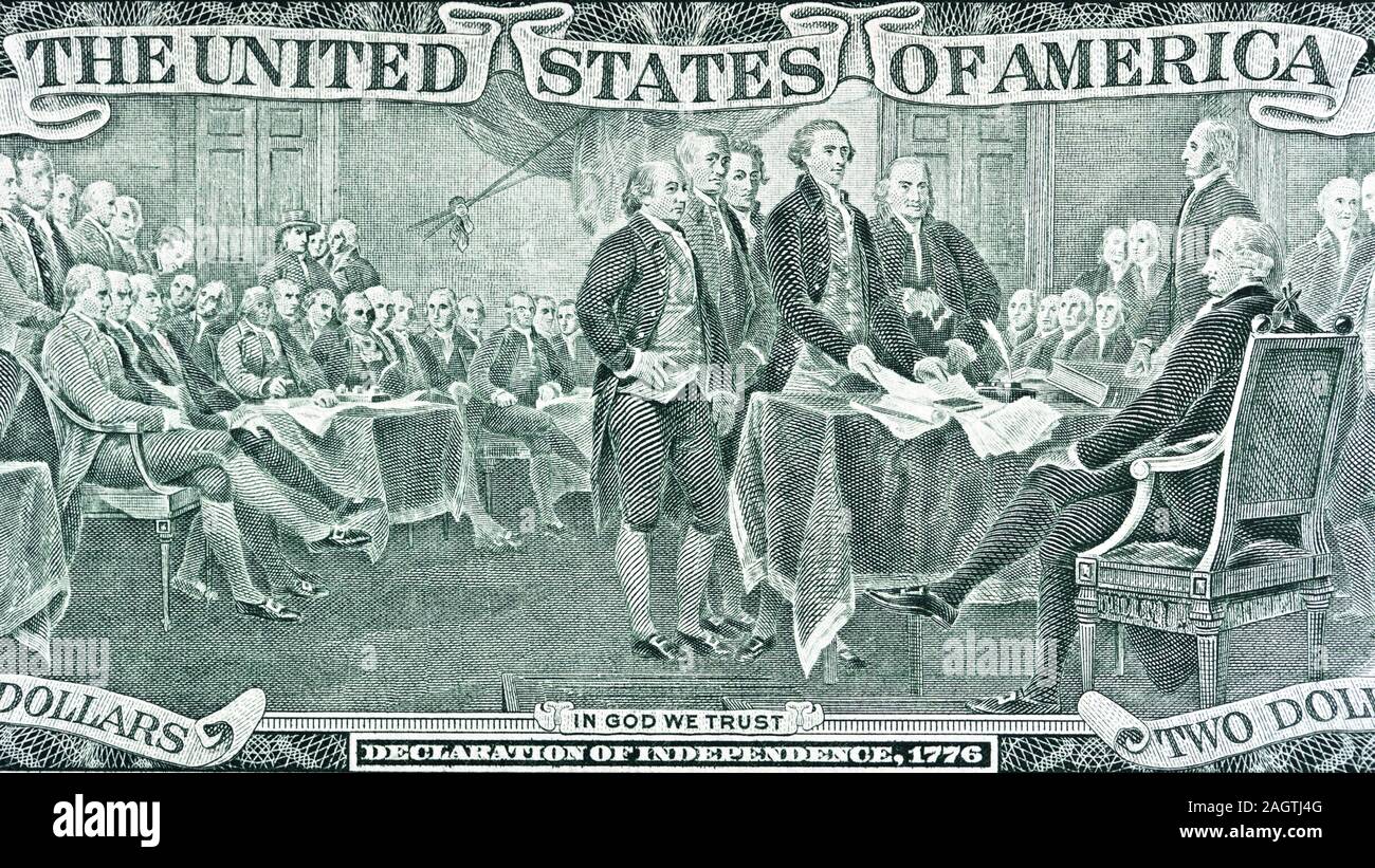 Usa 2 Dollar Bill verfügt über eine Gravur des Gemäldes Erklärung der Unabhängigkeit von John Trumbull. Stockfoto