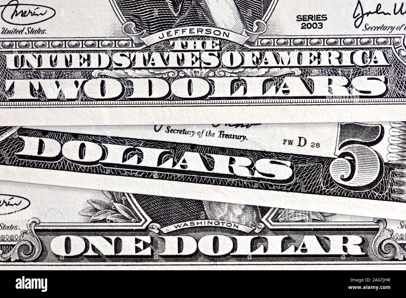United States one-Dollar, 2-Dollar und 5-Dollarscheine Stockfoto