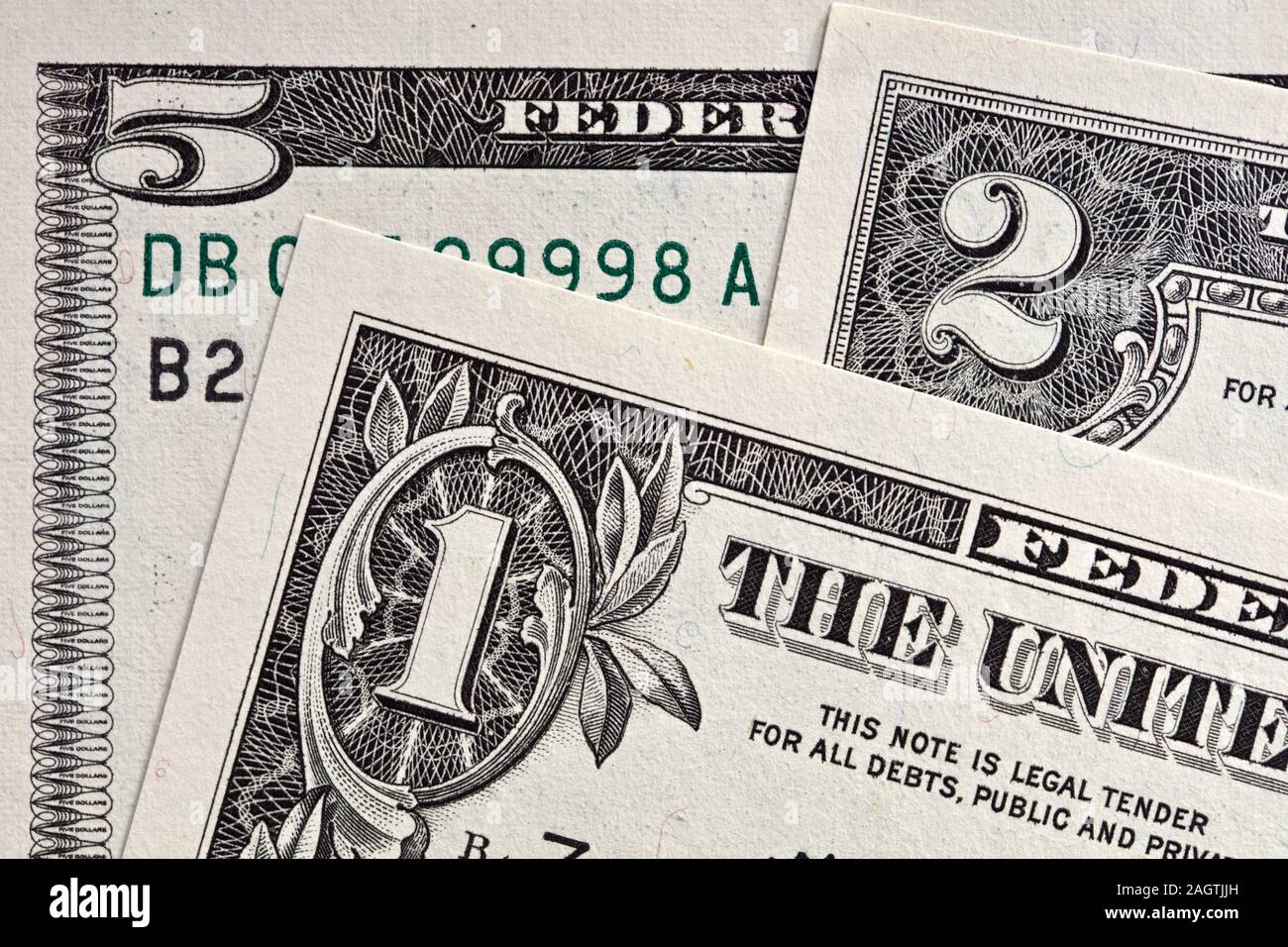 United States one-Dollar, 2-Dollar und 5-Dollarscheine Stockfoto