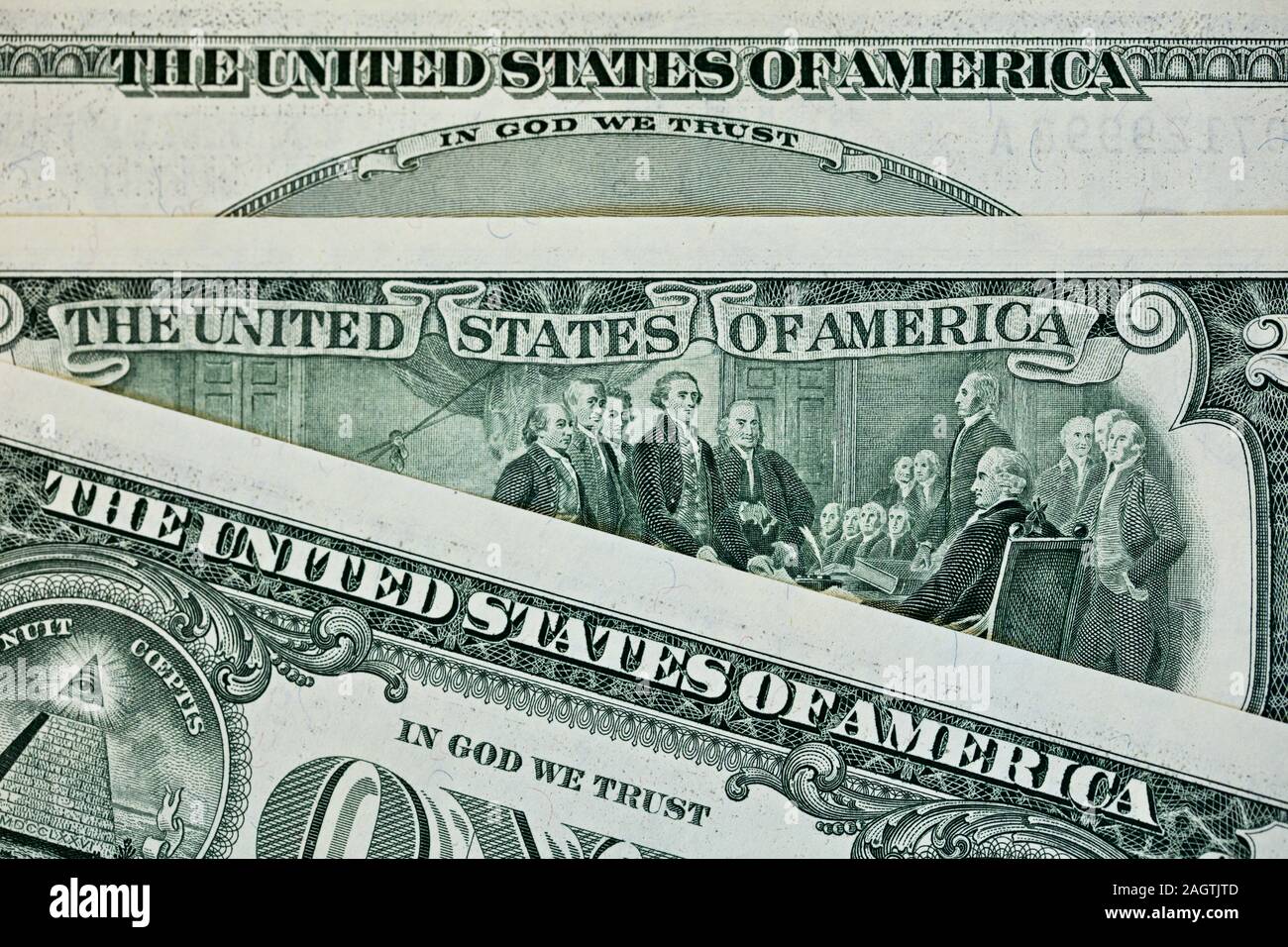 United States one-Dollar, 2-Dollar und 5-Dollarscheine Stockfoto