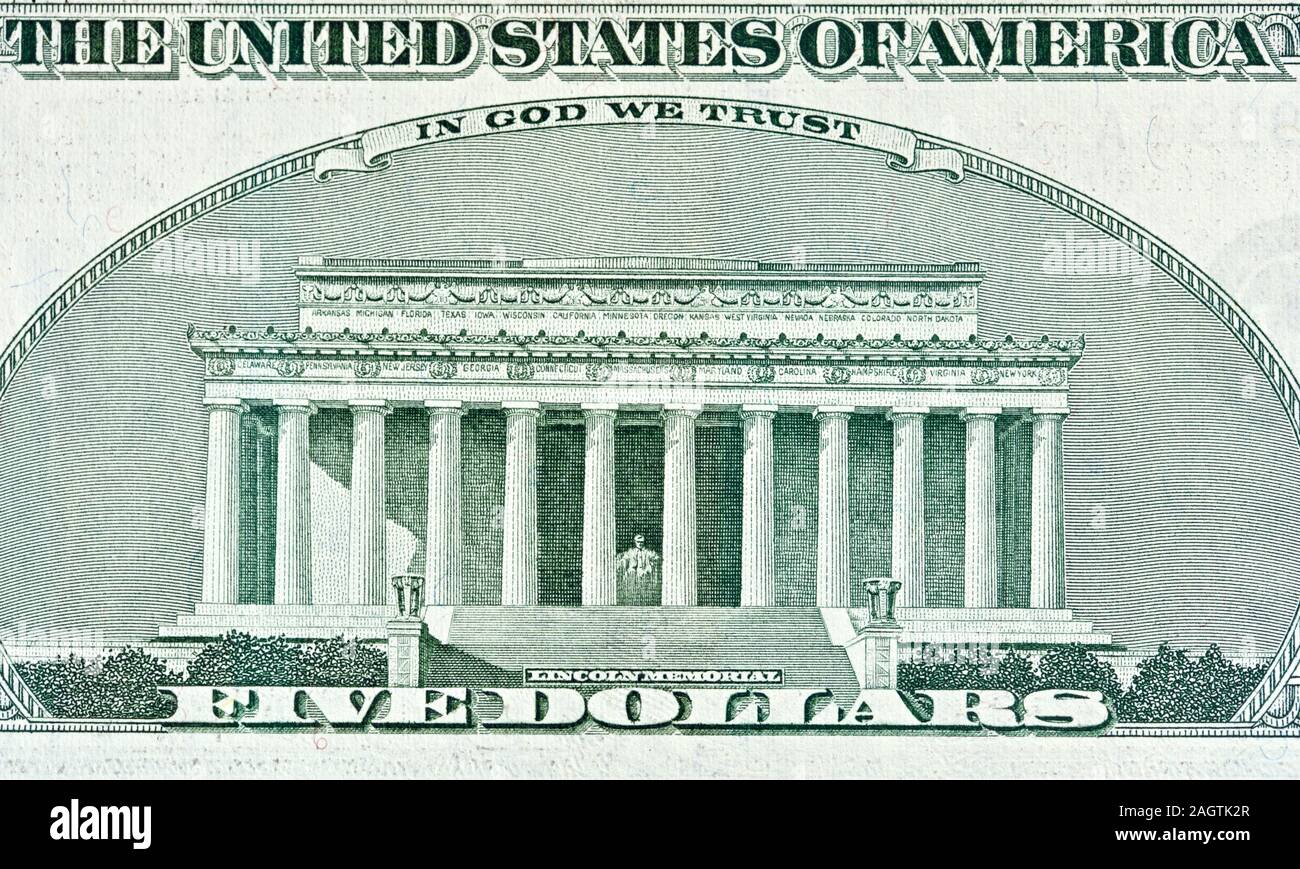 Vereinigten Staaten fünf Dollar Bill verfügt über Lincoln Memorial auf der Rückseite Stockfoto