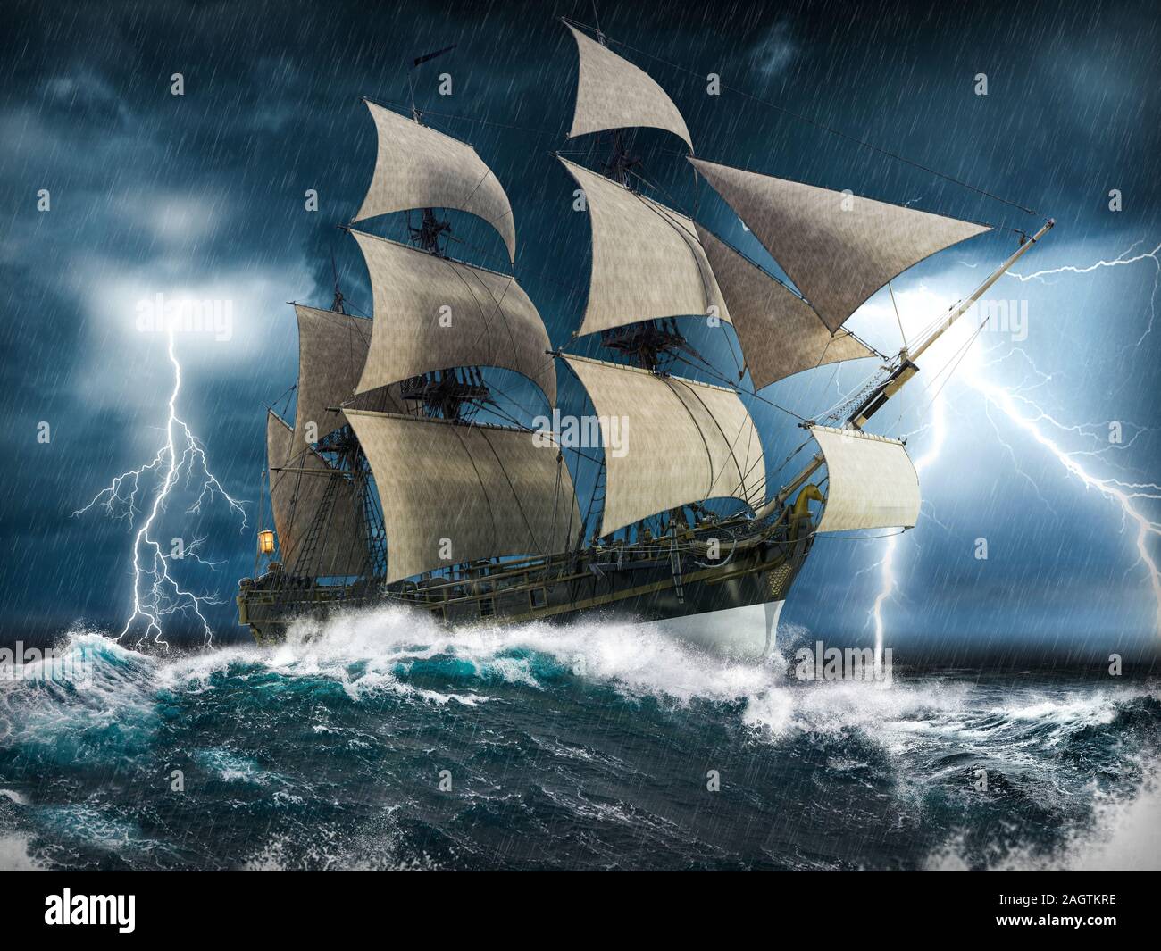 Ozean segeln Schiff in Seenot, kämpfen, flott zu bleiben, in einem schweren Sturm mit großen Wellen und Blitz, 3d-render Malerei Stockfoto