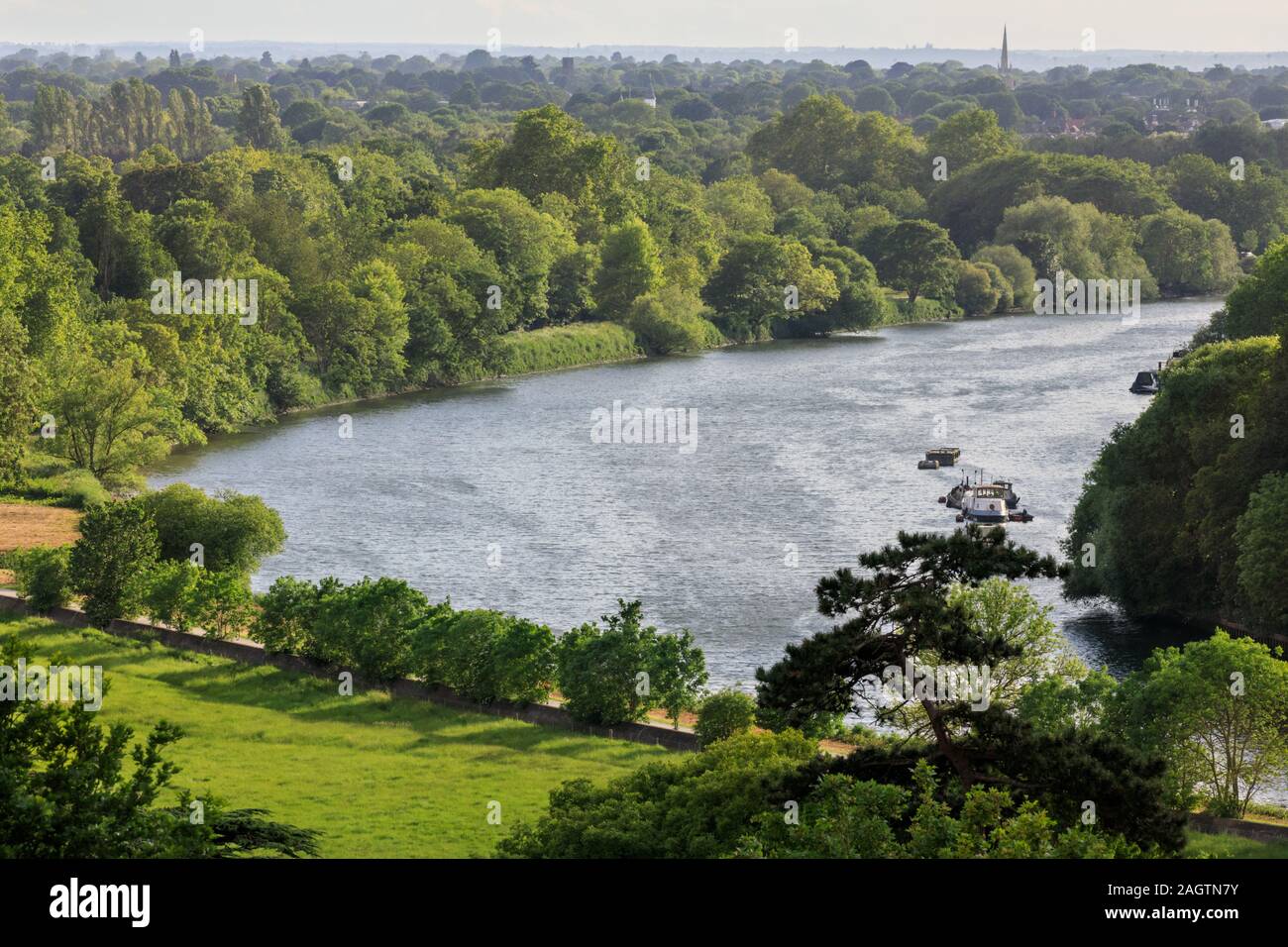 Blick von der Richmond Hill über die Themse zu parken und Weideflächen an einem Sommertag im Sonnenschein, Richmond upon Thames, Surrey, Großbritannien Stockfoto