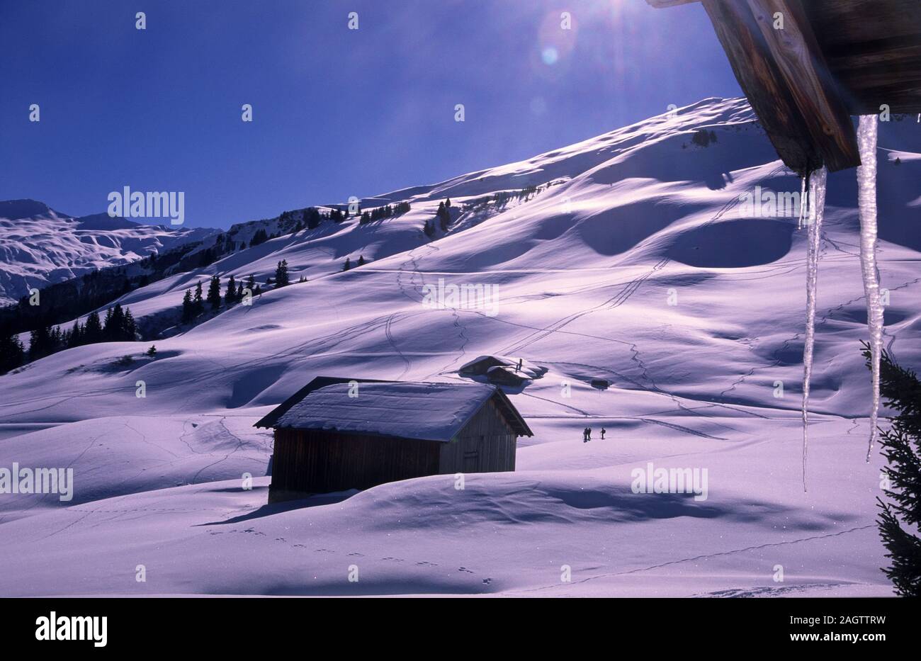 Col du Pré zugänglich nur im Winter auf Skiern oder Schneeschuhen Beaufortain Savoie Stockfoto