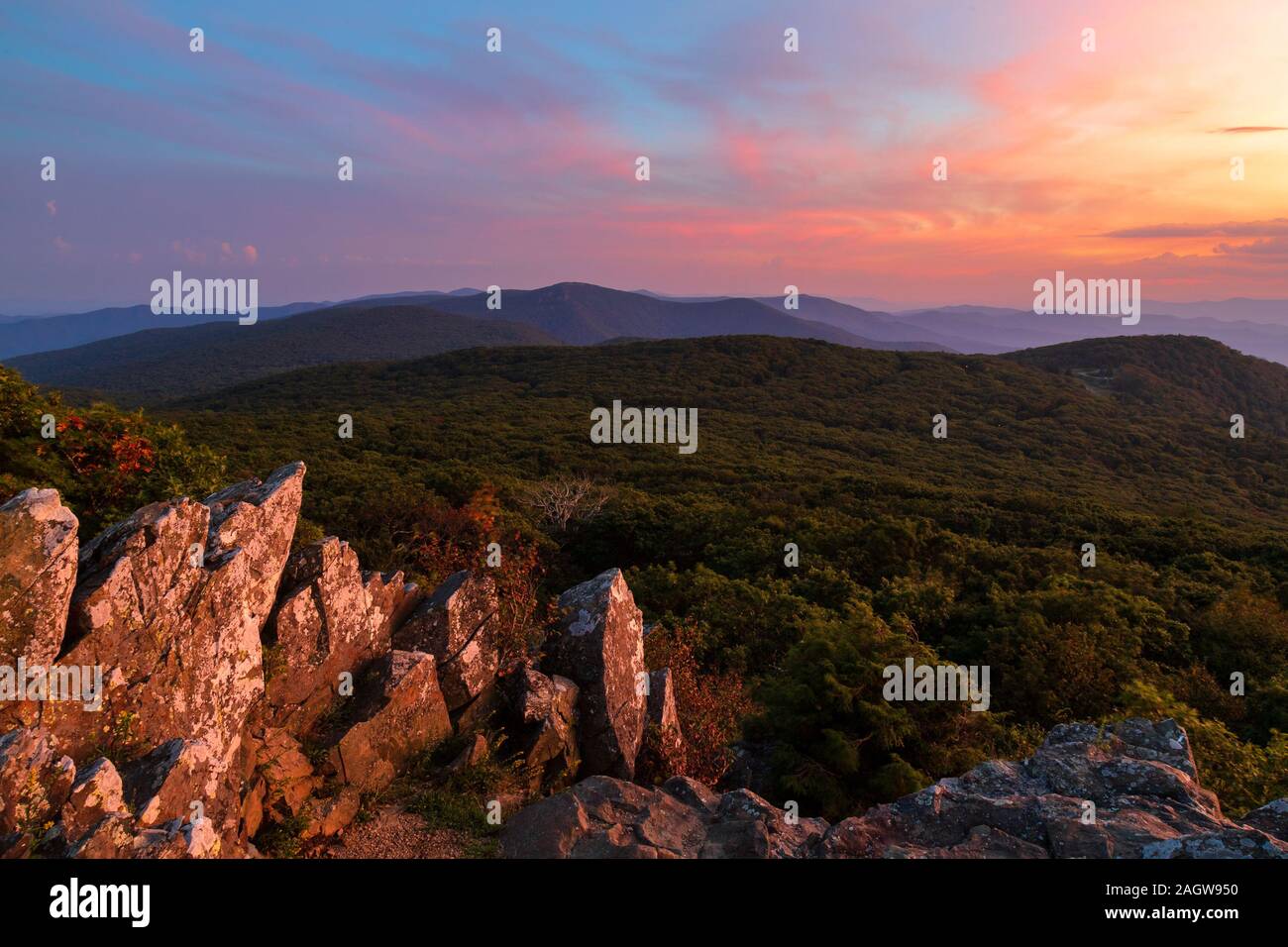 Blick vom Gipfel des Berges mit Felsen und lila, orange, rosa, blau Sonnenuntergang und Himmel mit grünen Tal in Shenandoah National Park, Virginia Stockfoto