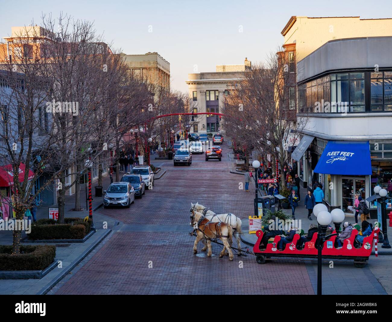 Marion Street, Downtown Oak Park, Illinois mit Weihnachtsbeleuchtung und Dekoration. Stockfoto