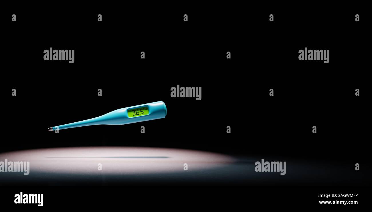 Klinische Digitales Thermometer mit Progress Spotlight gefundenen auf schwarzen Hintergrund mit Kopie Raum 3D-Darstellung Stockfoto