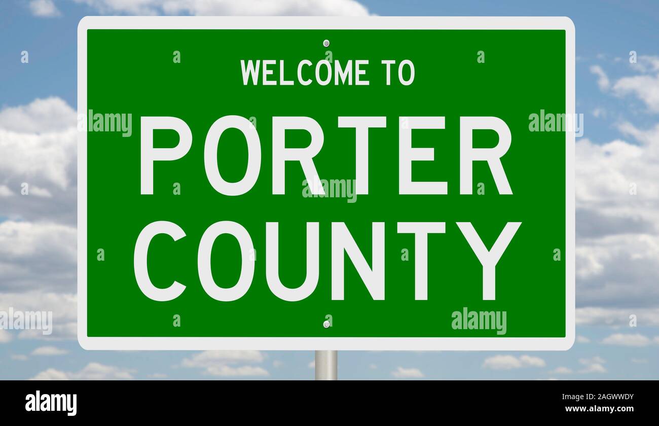 Rendering von einem grünen 3d Autobahn Zeichen für Porter County Stockfoto