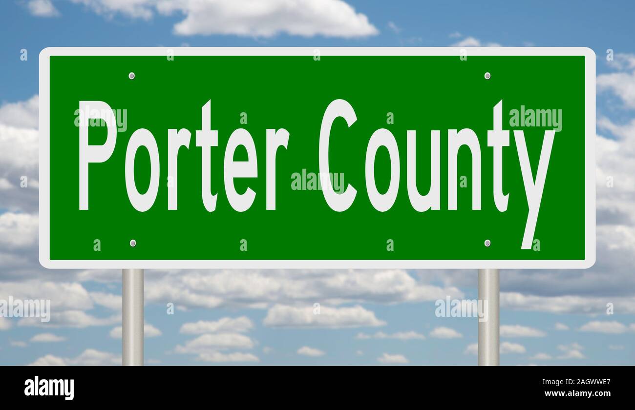 Rendering von einem grünen 3d Autobahn Zeichen für Porter County Stockfoto