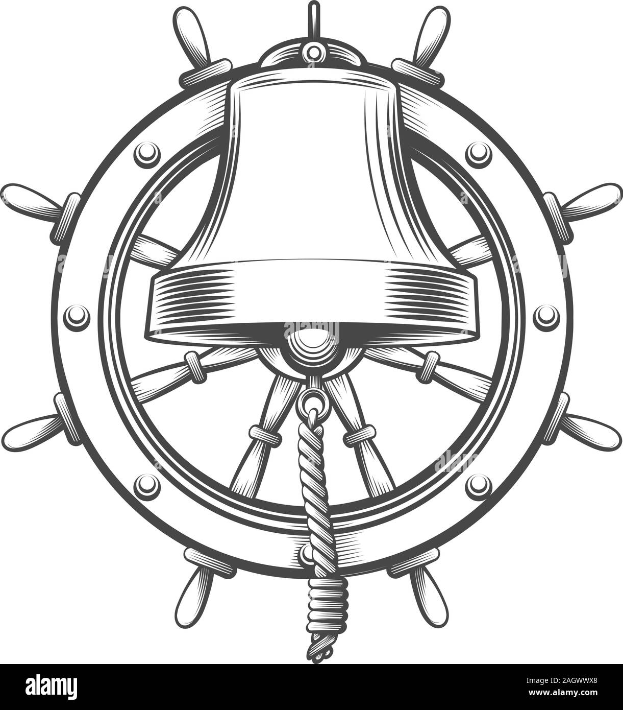 Nautische Emblem mit Schiffsglocke und Lenkrad in Gravur Stil. Vector Illustration. Stock Vektor
