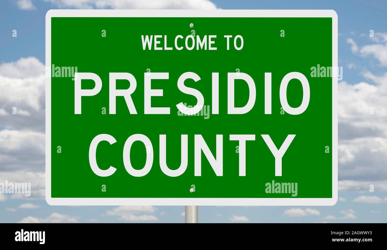 Rendering von einem grünen 3d Autobahn Zeichen für Presidio County Stockfoto