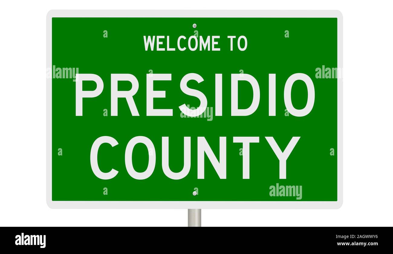 Rendering von einem grünen 3d Autobahn Zeichen für Presidio County Stockfoto