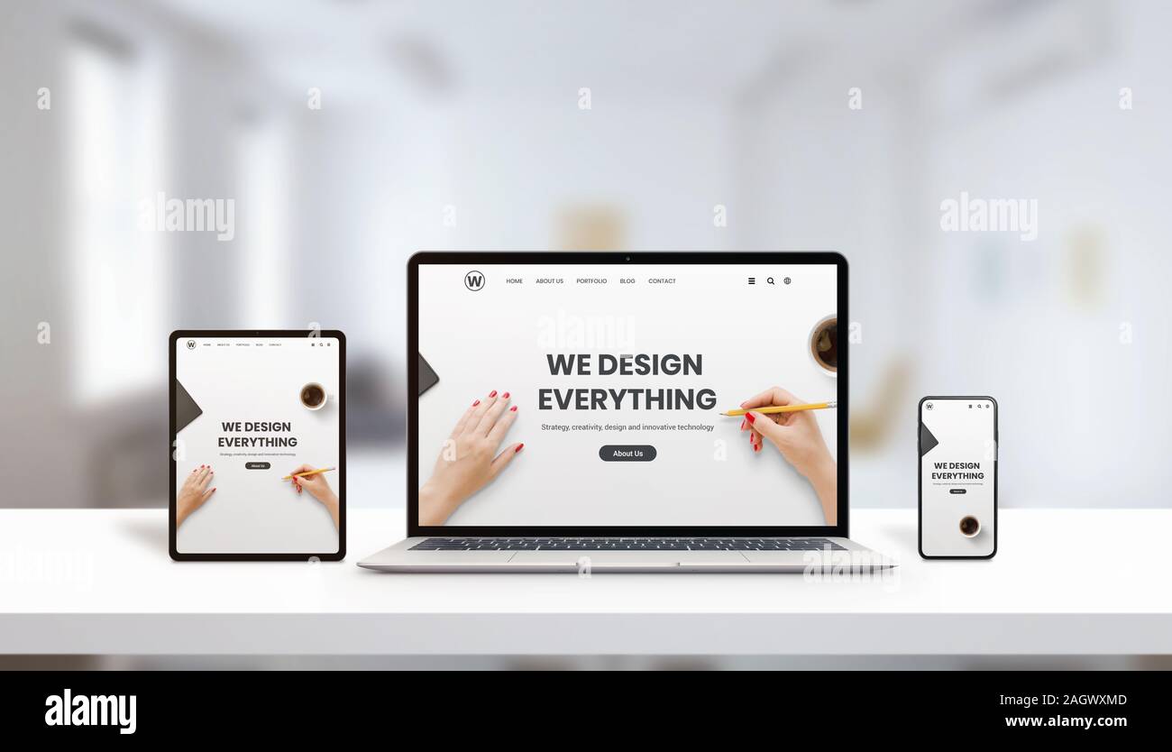 Reaktionsschnelle agentur Webseite auf Laptop, Tablet und Handy Display Konzept. Moderne, flache web page Design. Moderne Geräte mit dünnen Kanten. Büro, studio d Stockfoto