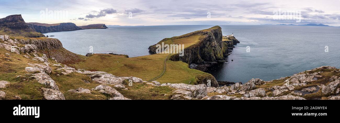Neist Point und Leuchtturm Panorama, Isle of Skye Stockfoto