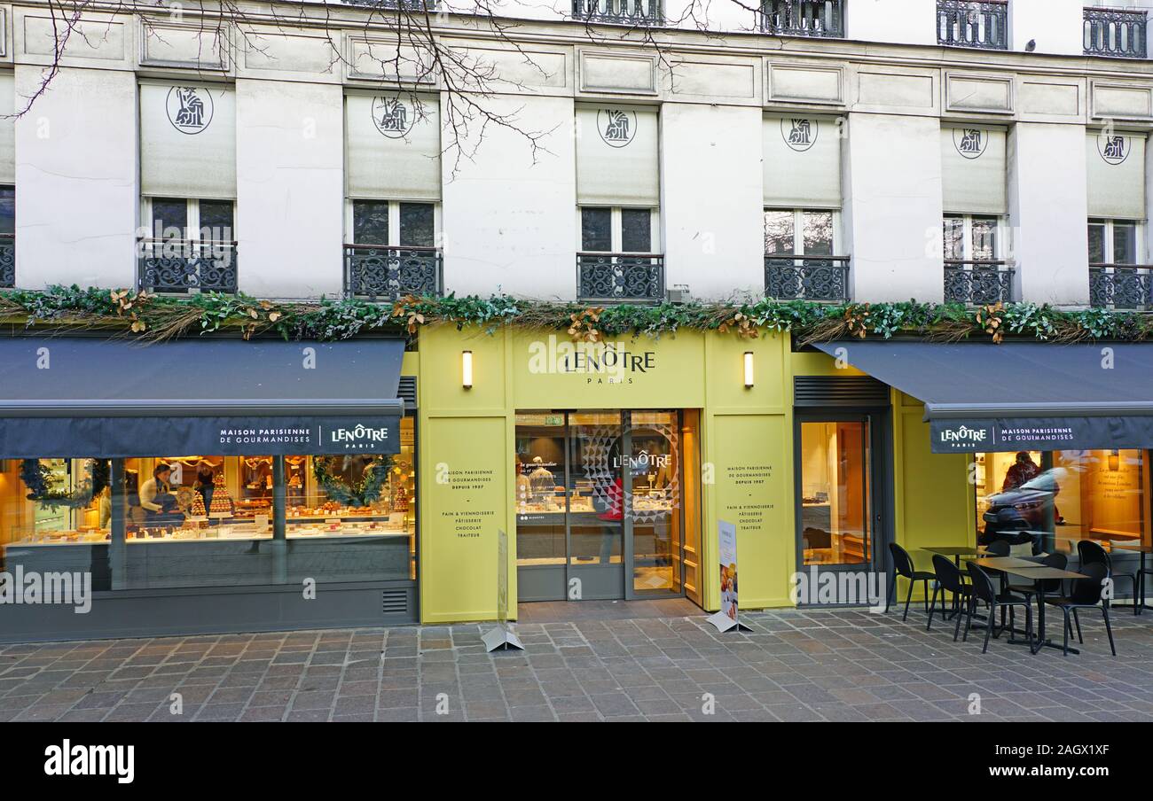 PARIS, Frankreich - 18 Dez 2019 - Traditionelles französisches Gebäck an einem lenotre Bäckerei und Konditorei in der Nähe der Bastille in Paris. Stockfoto