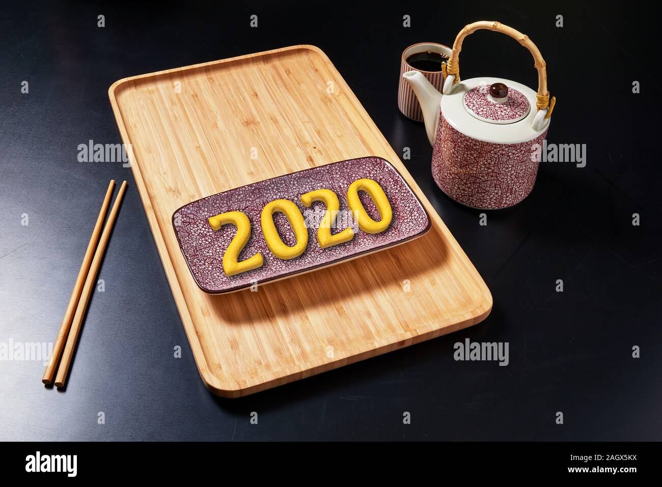 Einstellen der Platte im japanischen Stil mit 2020 text Stockfoto