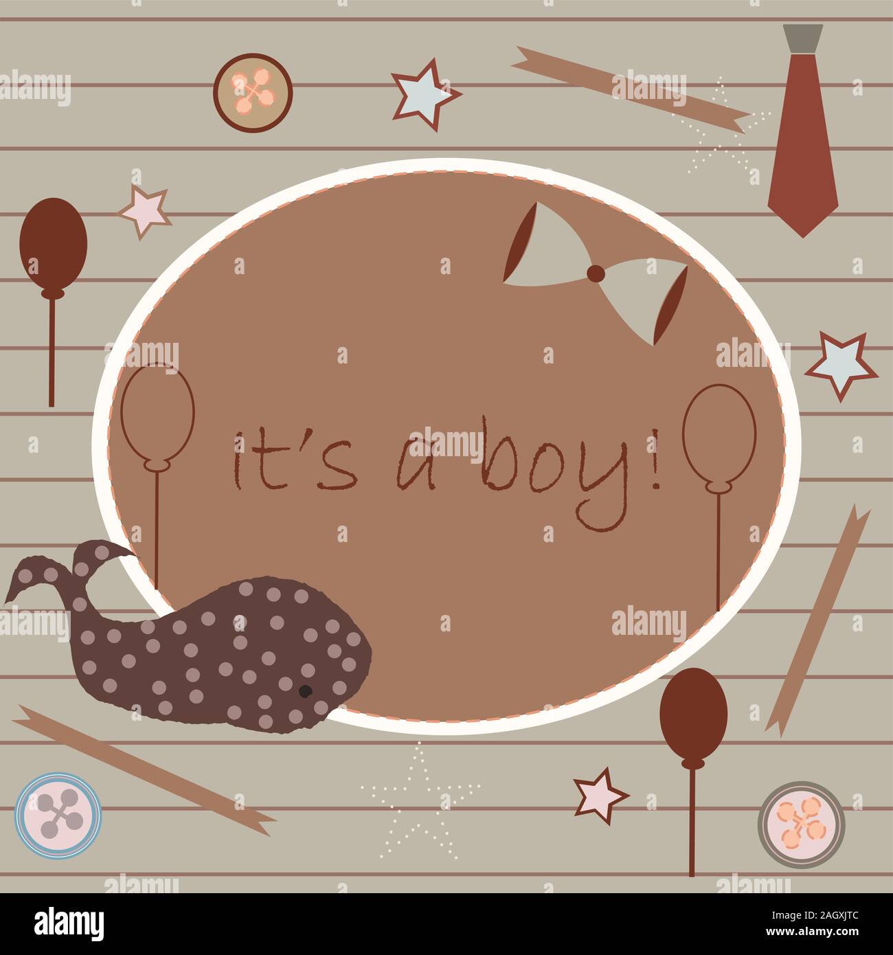 Baby Geburt Ansage. Baby-dusche-Einladung Karte. Cute Wal kündigt die Ankunft des Jungen. Card Design auf Teal Hintergrund mit Bändern, Riegel, b Stock Vektor