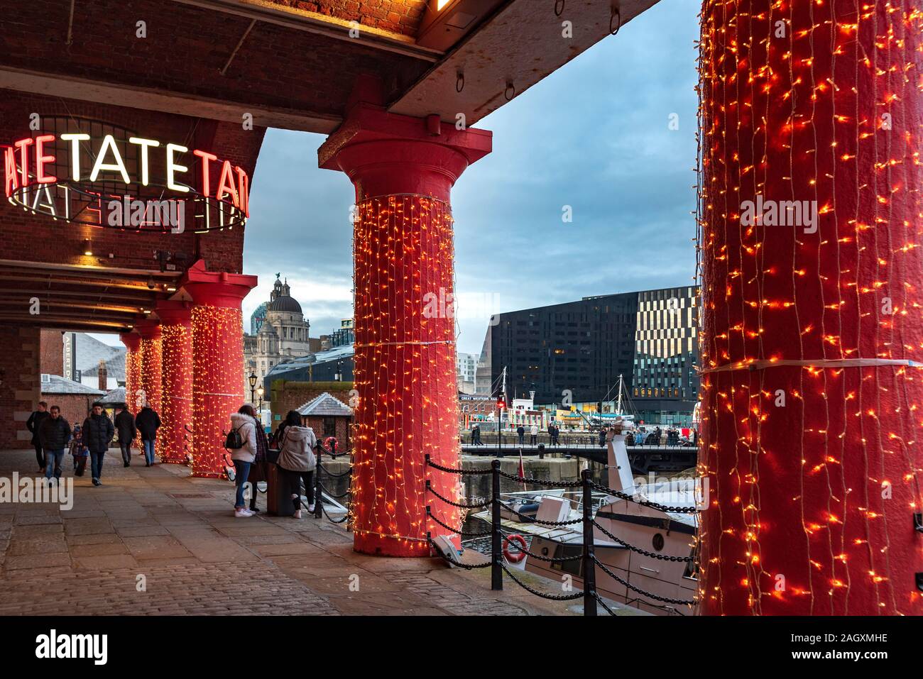Liverpool Albert Dock komplex Weihnachtsbeleuchtung. Stockfoto