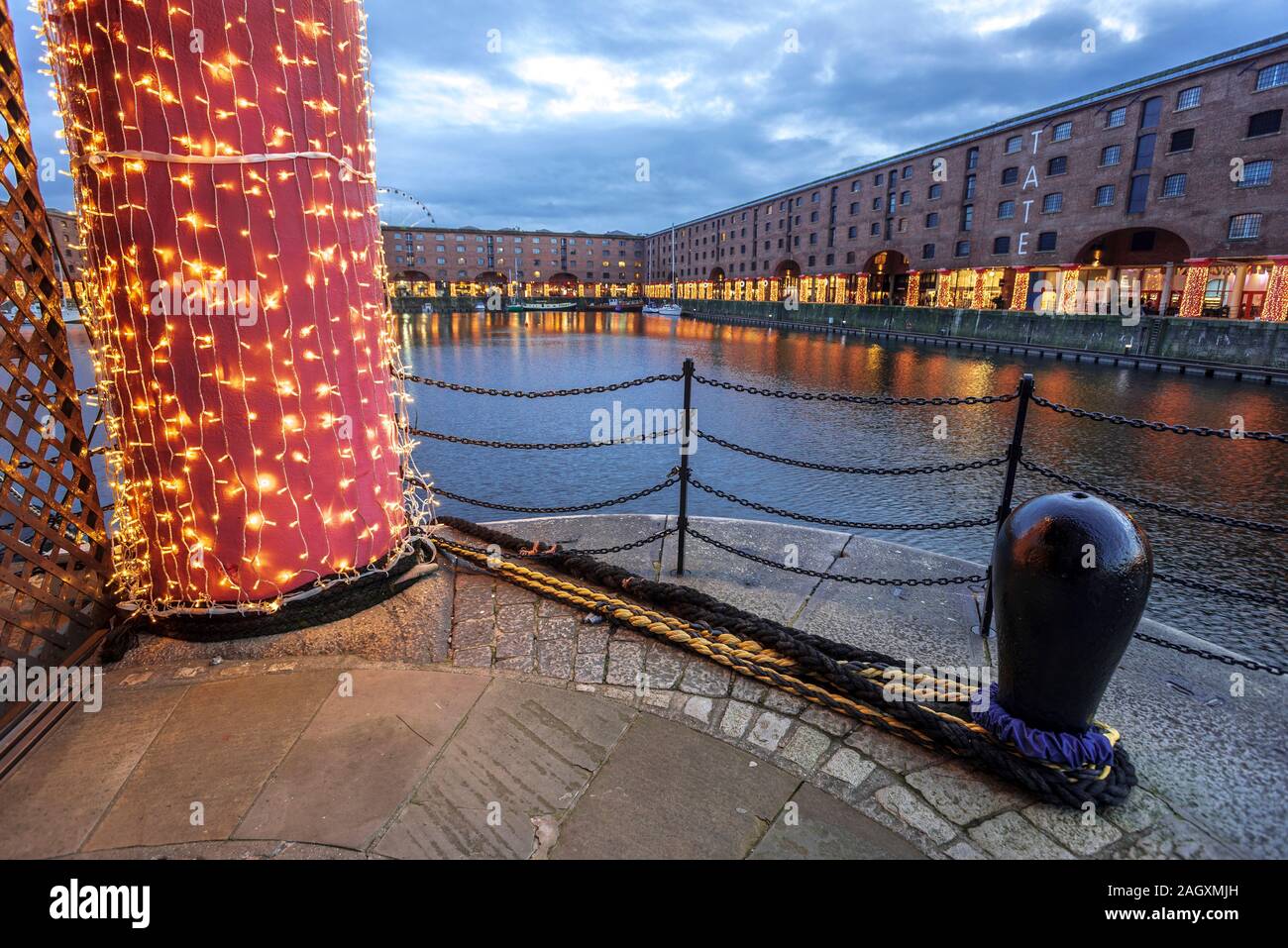 Liverpool Albert Dock komplex Weihnachtsbeleuchtung. Stockfoto