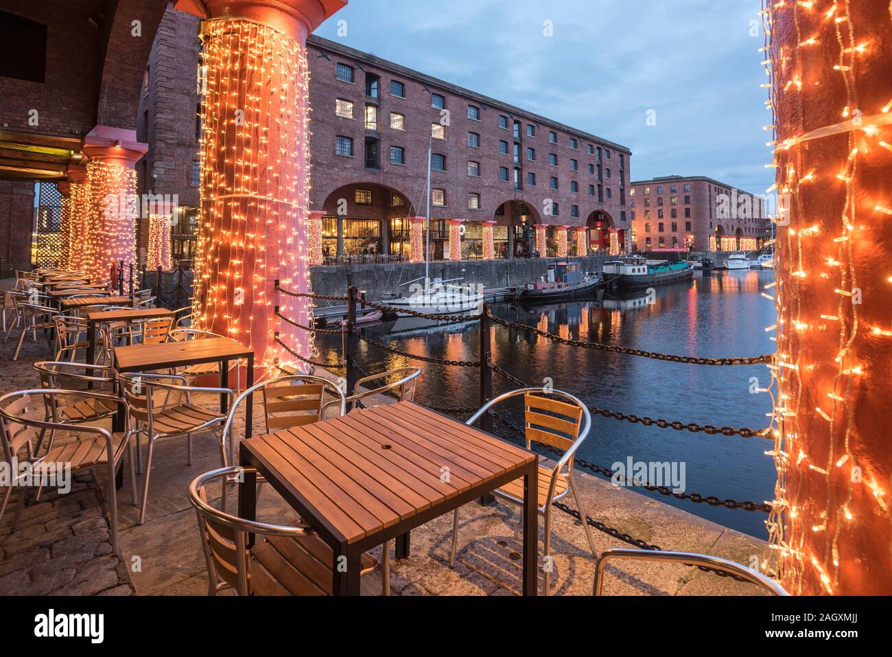 Liverpool Albert Dock komplex Weihnachtsbeleuchtung. Stockfoto