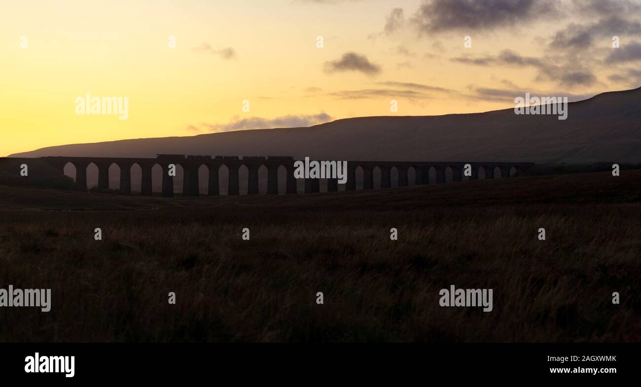 Direct Rail Services Klasse 66 Loks an ribblehead Viadukt mit einer Network Rail die Behandlung des Schienenkopfes Zug (RHTT) Umgang mit Blätter im Herbst Stockfoto