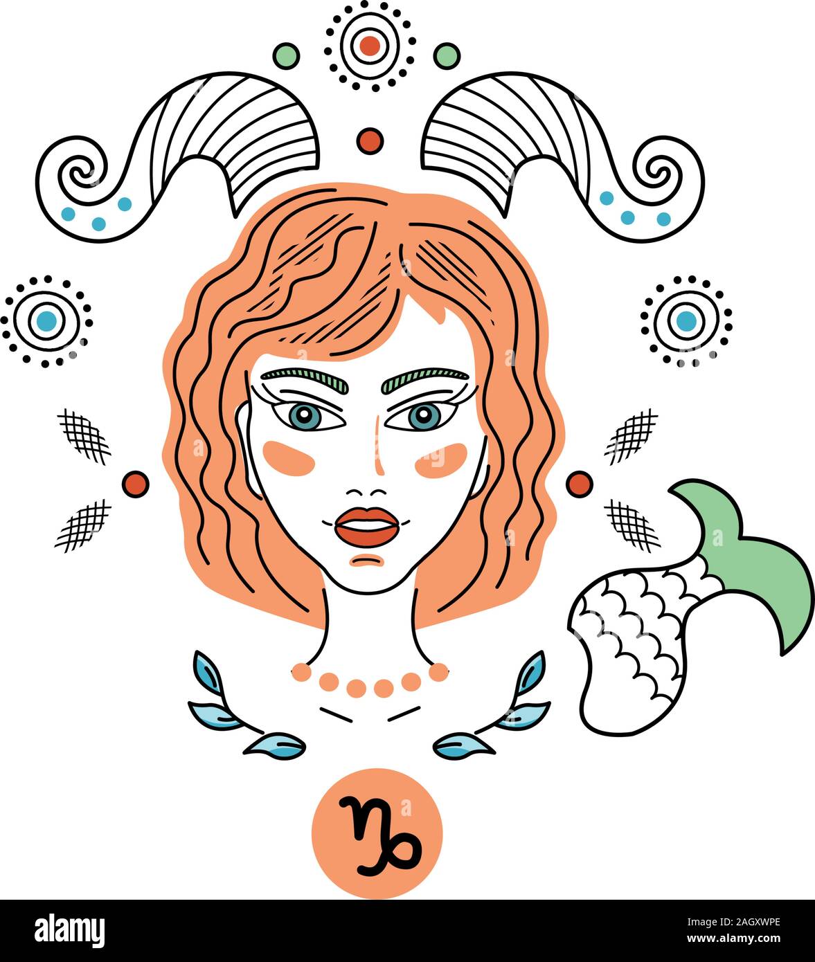 Abbildung: Sternzeichen Sternbilder Steinbock, Logo, Tattoo. Mädchen oder eine Frau mit Hörnern und einem Fish Tail, fantasy Ornament in Fairy Tail Stil. Stock Vektor
