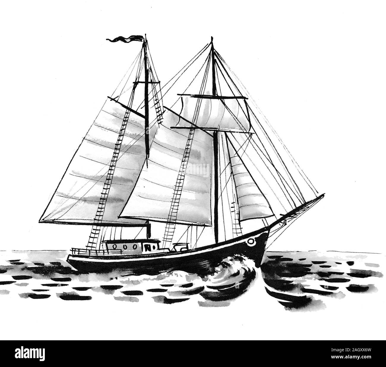 Segelschiff im Meer. Abbildung: Tinte schwarz-weiß Stockfoto