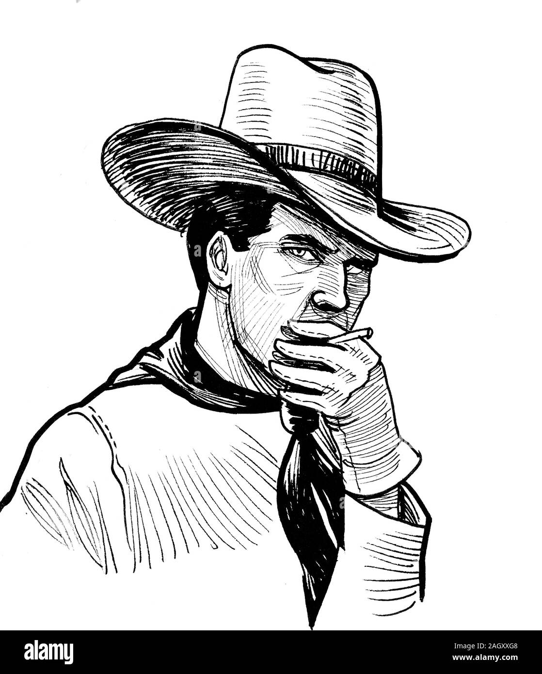 Rauchender Cowboy. Schwarz-weiße Tinte Stockfoto