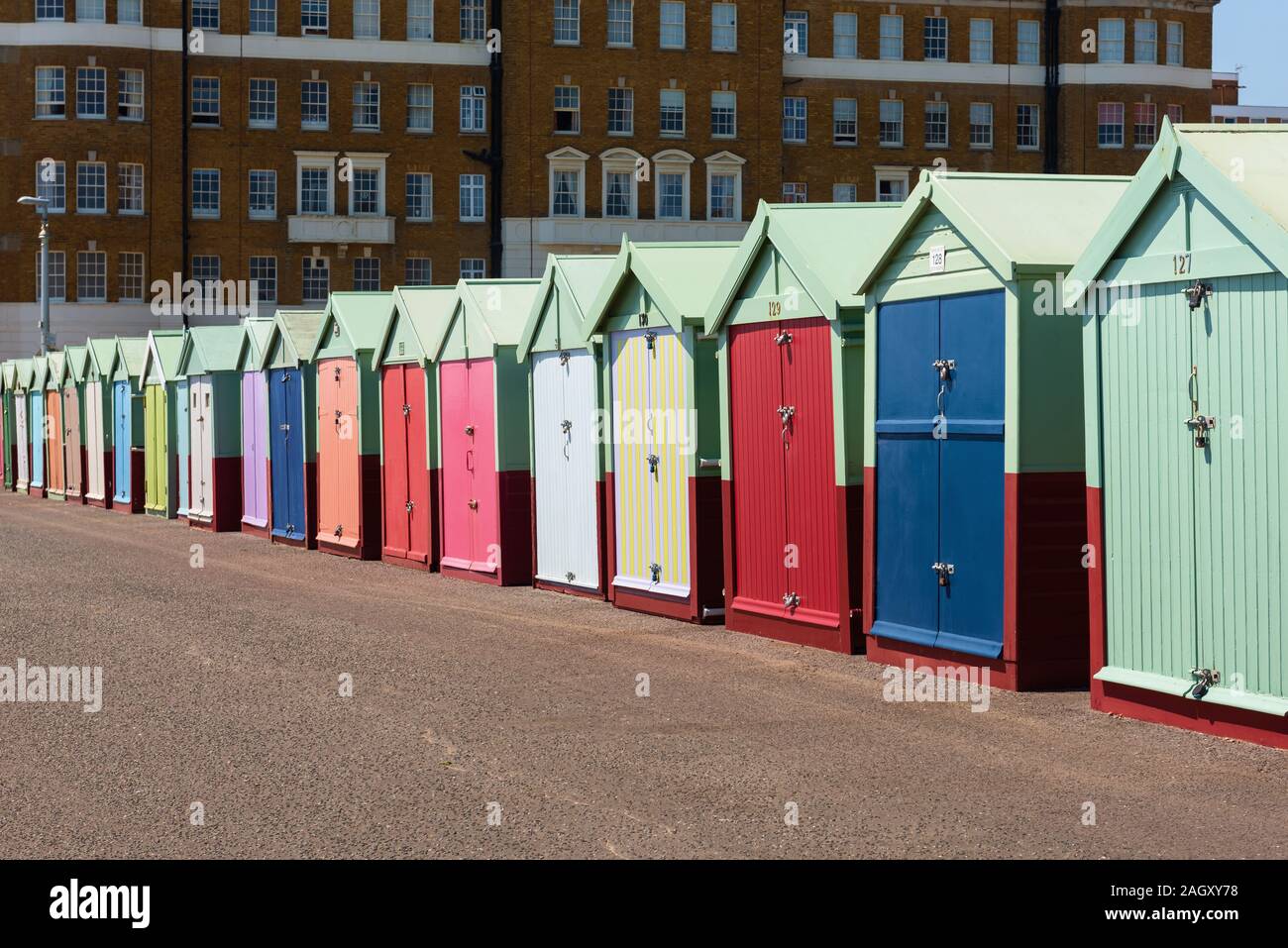 Brighton Beach Huts, Großbritannien Stockfoto