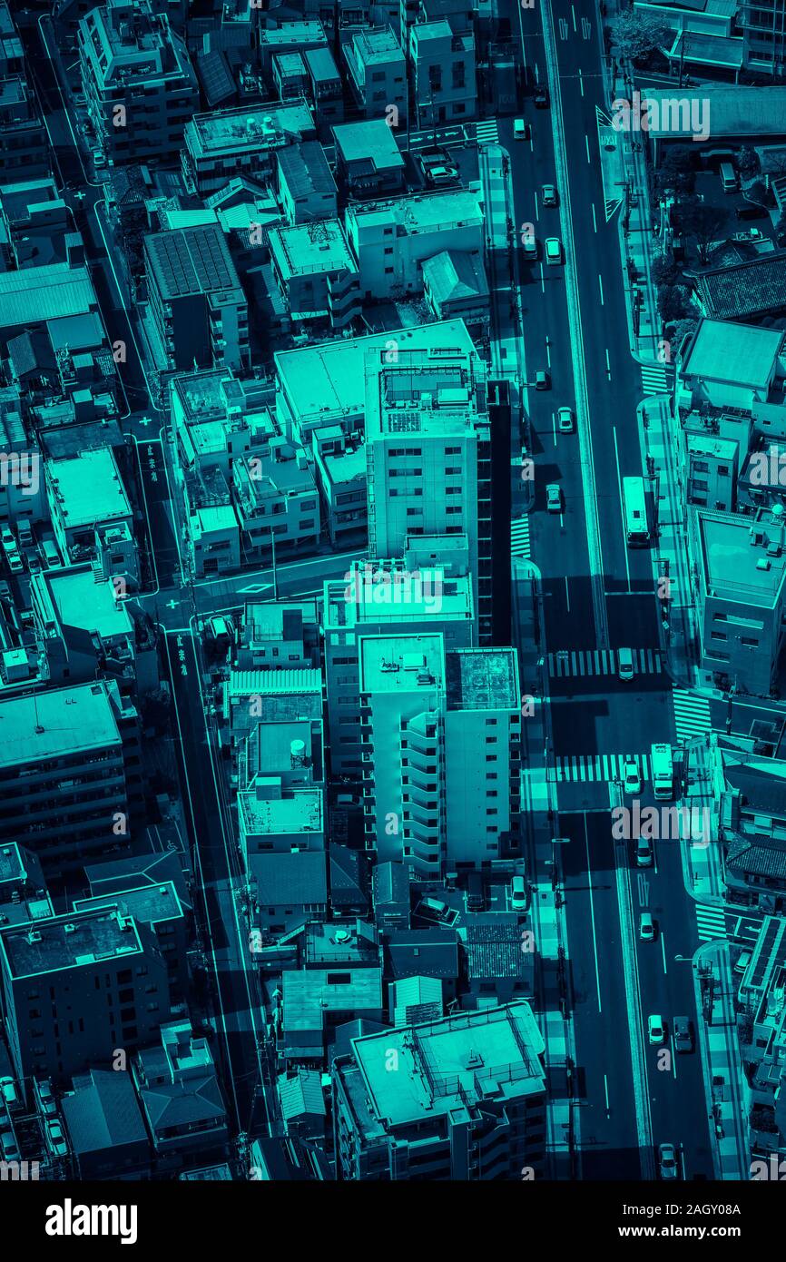 Luftaufnahme von Tokyo Straßen, Stadt Stadtentwicklung, Japan. Die Farben Stockfoto