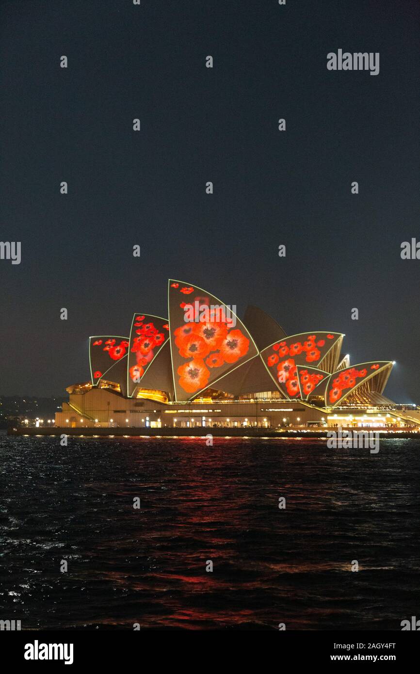 Sydney Opera House mit Mohn Licht Show am Abend für Tag der Erinnerung, oder Armistice Day, am 11. November; Sydney, Australien Stockfoto