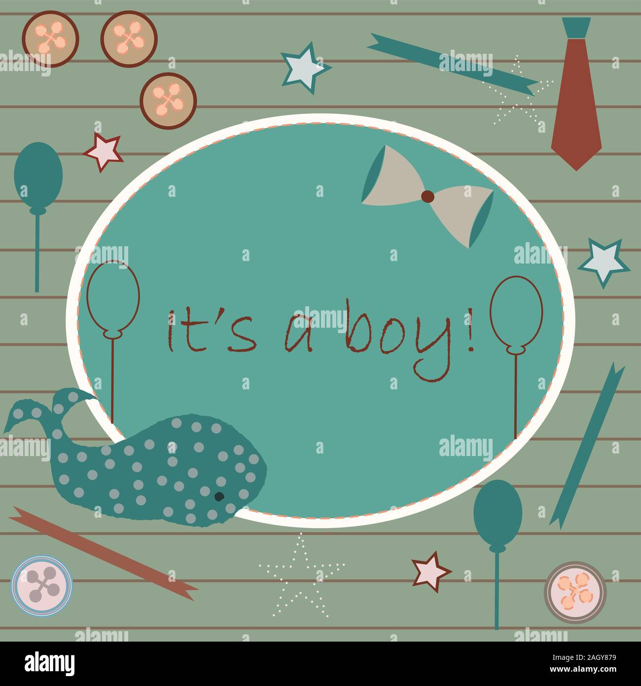 Baby Geburt Ansage. Baby-dusche-Einladung Karte. Cute Wal kündigt die Ankunft des Jungen. Card Design auf Teal Hintergrund mit Bändern, Riegel, b Stock Vektor