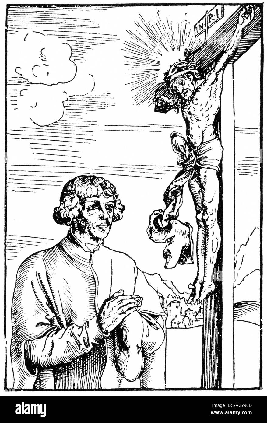 Kupferstich von Martin Luther am Kreuz beten Stockfoto