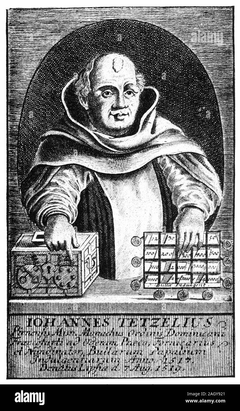Die Indulgense Verkäufer Johann Tetzel provoziert Martin Luther gegen seinen gottlosen salespitch, der die Reformation ausgelöst und brach die mittelalterliche macht der Römisch-katholischen Kirche zu kämpfen. Stockfoto