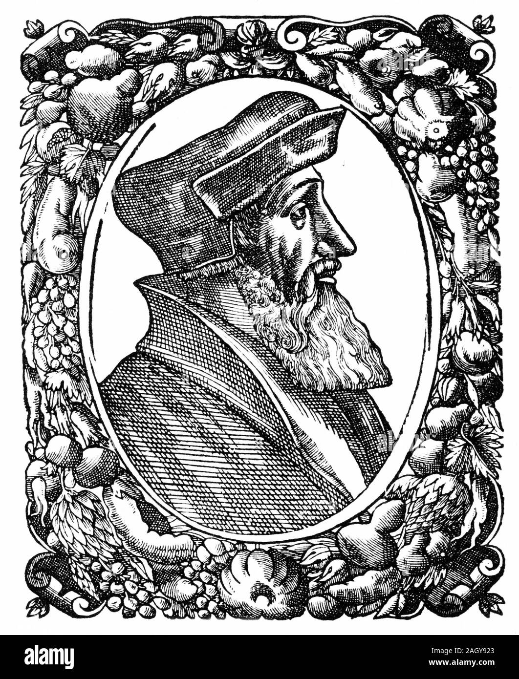 Gravur von Johannes Ökolampad (aka Oekolampadius, Oekolampad; 1482-1531), deutscher Reformator. Er war der Führer der protestantischen Fraktion im Baden Disputation von 1526 und war einer der Gründer der Evangelischen Theologie. Stockfoto