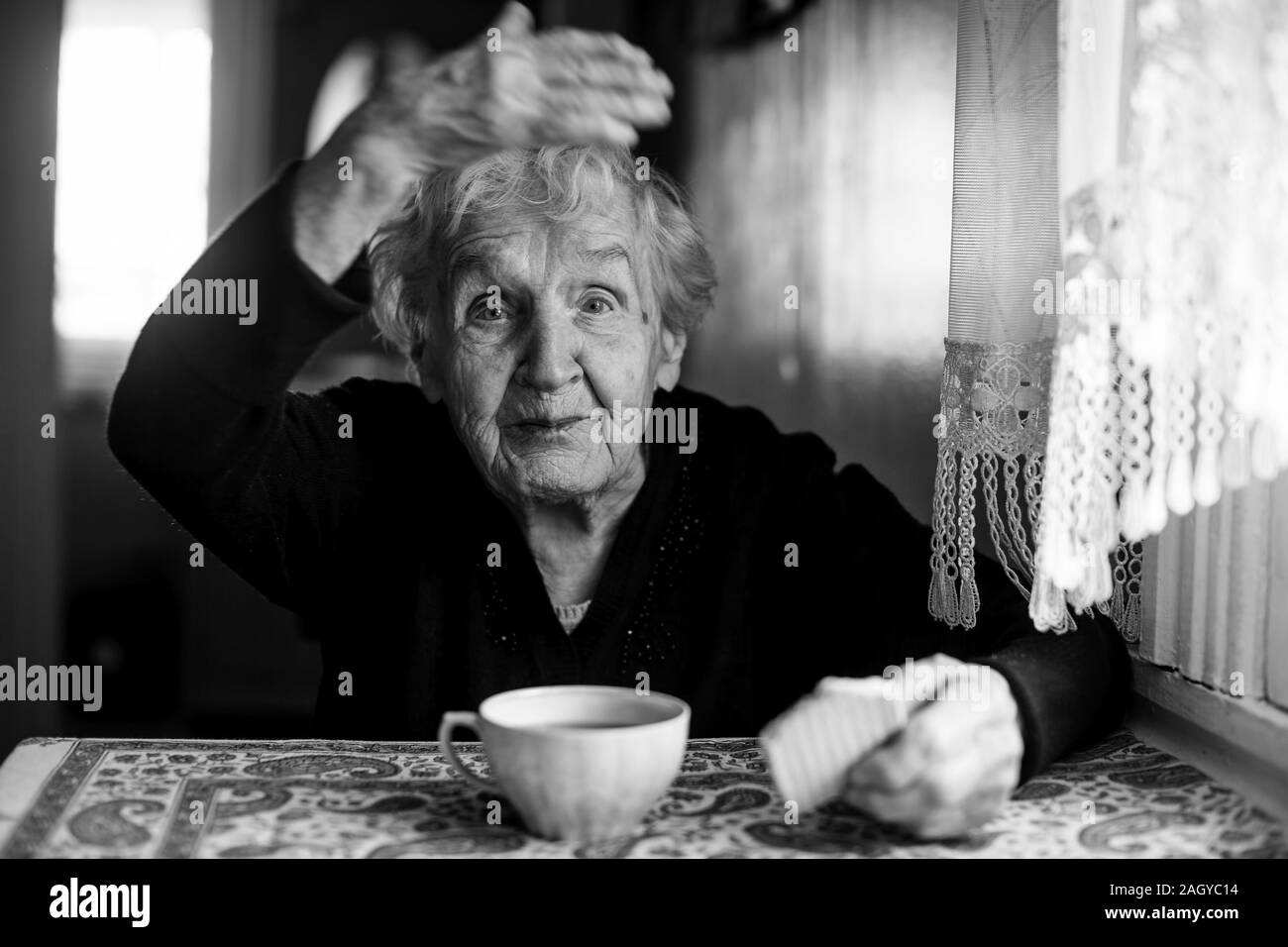 Eine ältere Frau trinkt Tee mit Keksen zu Hause. Stockfoto