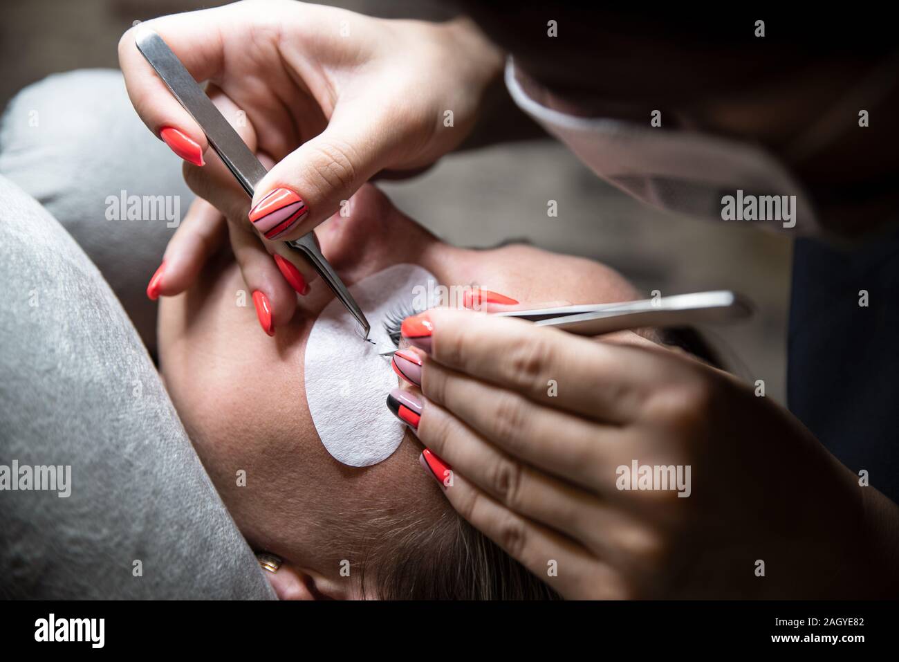 Bündel von künstlichen Wimpern in Pinzette. Erweiterungen der künstlichen Wimpern, Prozess schließen Frau in einem Schönheitssalon. Schönheit und Pflege. Stockfoto