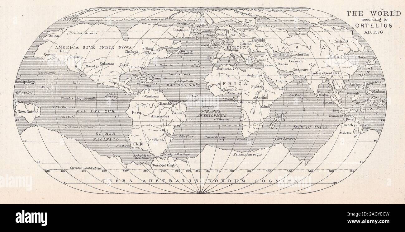 Karte der Welt nach Ortelius AD. 1570 Stockfoto