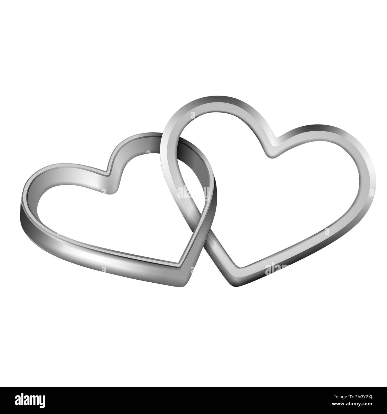 Isolierte verflochten in Herzform Silber Ringe für Tag Hochzeit und Valentinstag Stockfoto