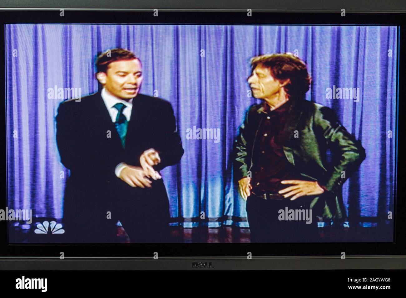 Miami Beach, Florida, Fernseher, Set, Fernseher, Flachbildschirm, Bildschirm, Monitor, Kabelsender, NBC, Late Night Show, Jimmy Fallon, Mick Jagger, FL100515197 Stockfoto