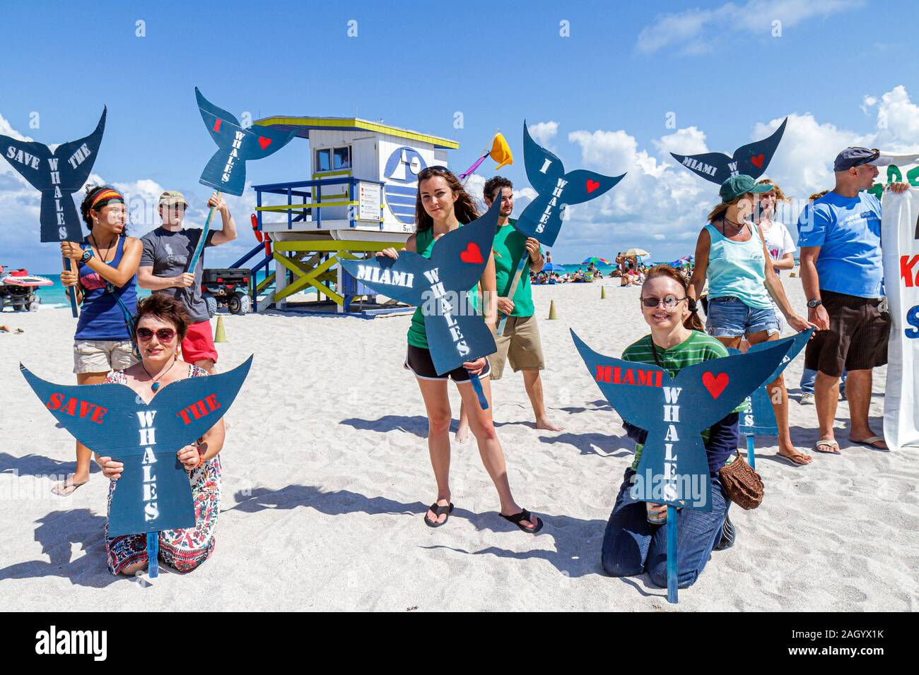 Miami Beach, Florida, Greenpeace, Demonstration, Protest, Rettung der Wale, Schild, Gruppe, Unterstützer, FL100526035 Stockfoto