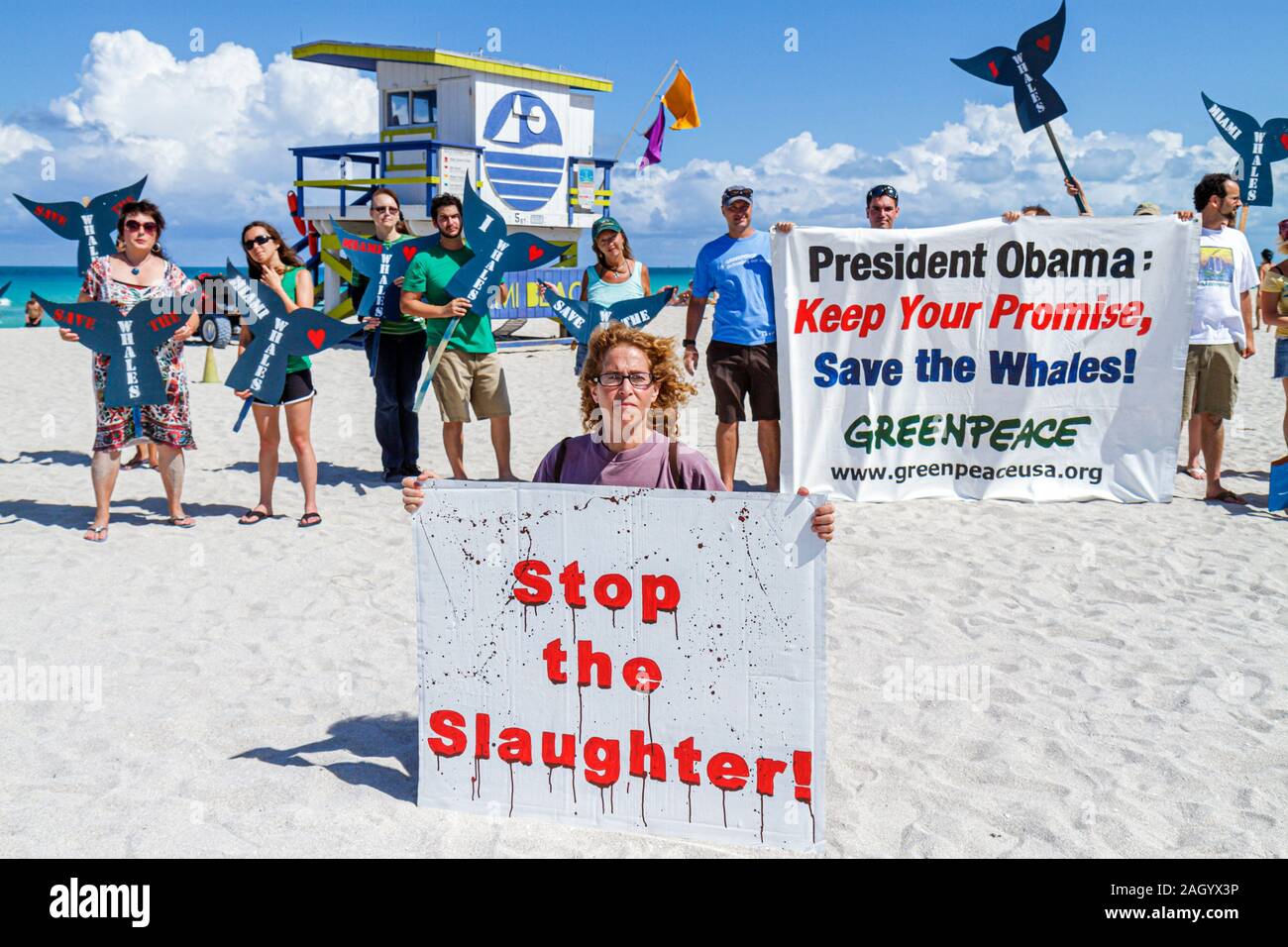 Miami Beach Florida, Greenpeace, Demonstration, Protest, Rettung der Wale, Schild, Gruppe, Unterstützer, hispanische Frauen, FL100526051 Stockfoto