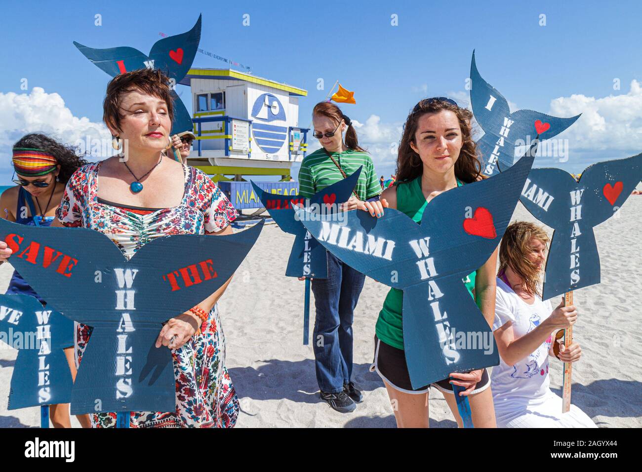 Miami Beach, Florida, Greenpeace, Demonstration, Protest, Rettung der Wale, Schild, Gruppe, Unterstützer, hispanische Frauen, FL100526042 Stockfoto