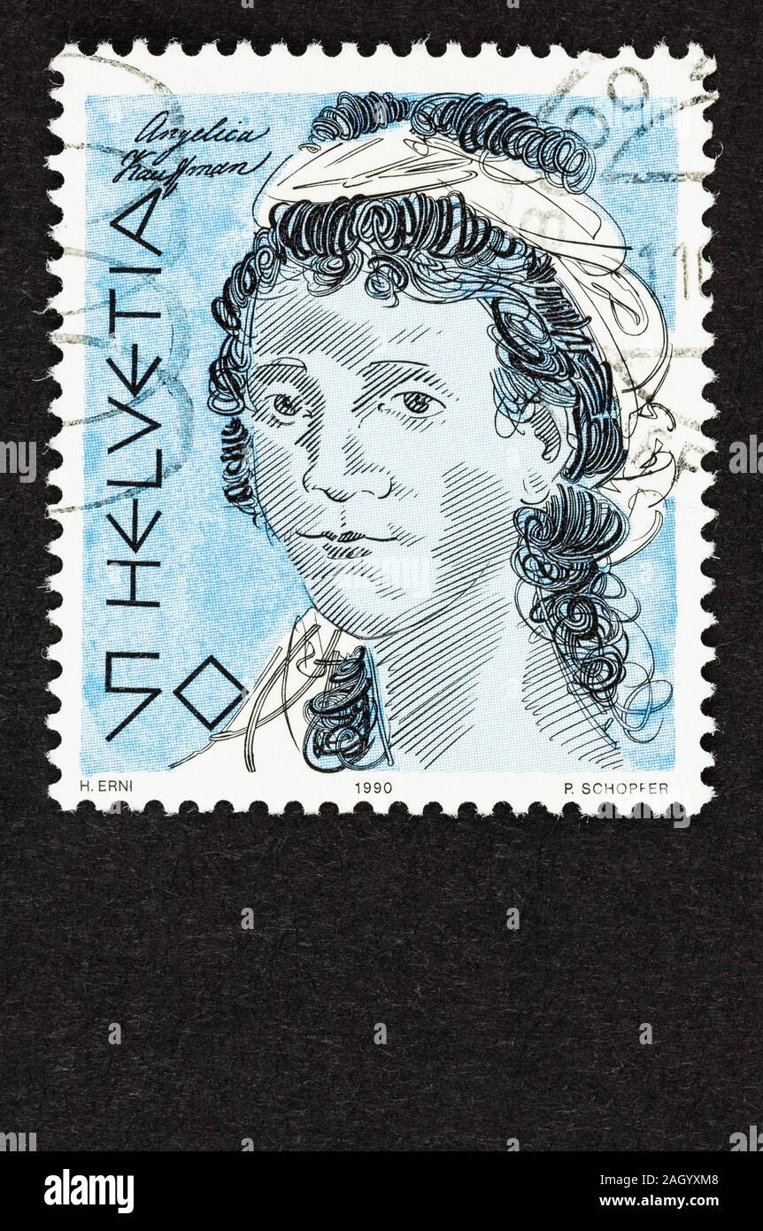 Nahaufnahme von Briefmarke aus der Schweiz im Jahr 1990 herausgegeben. Scott Nr. 864, Angelica Kauffman, einem neoklassizistischen Künstler. Stockfoto