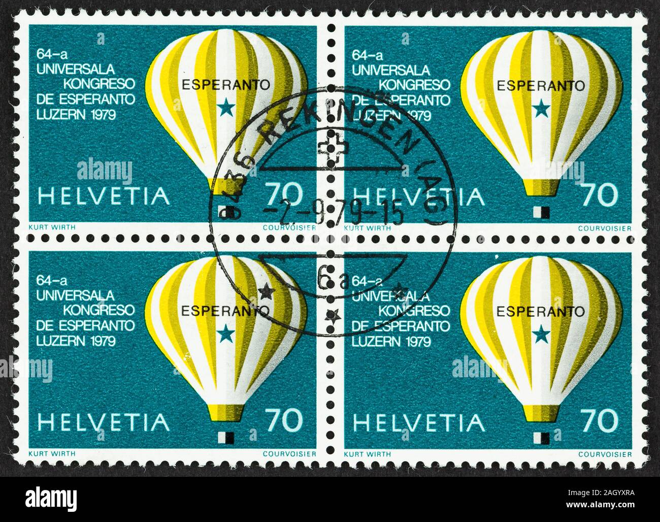 Nahaufnahme von einem Block von 4 70 Rappen Briefmarken 1979 ausgestellt. Commemorative Esperanto-weltkongress Briefmarke mit einem Heißluftballon. Stockfoto