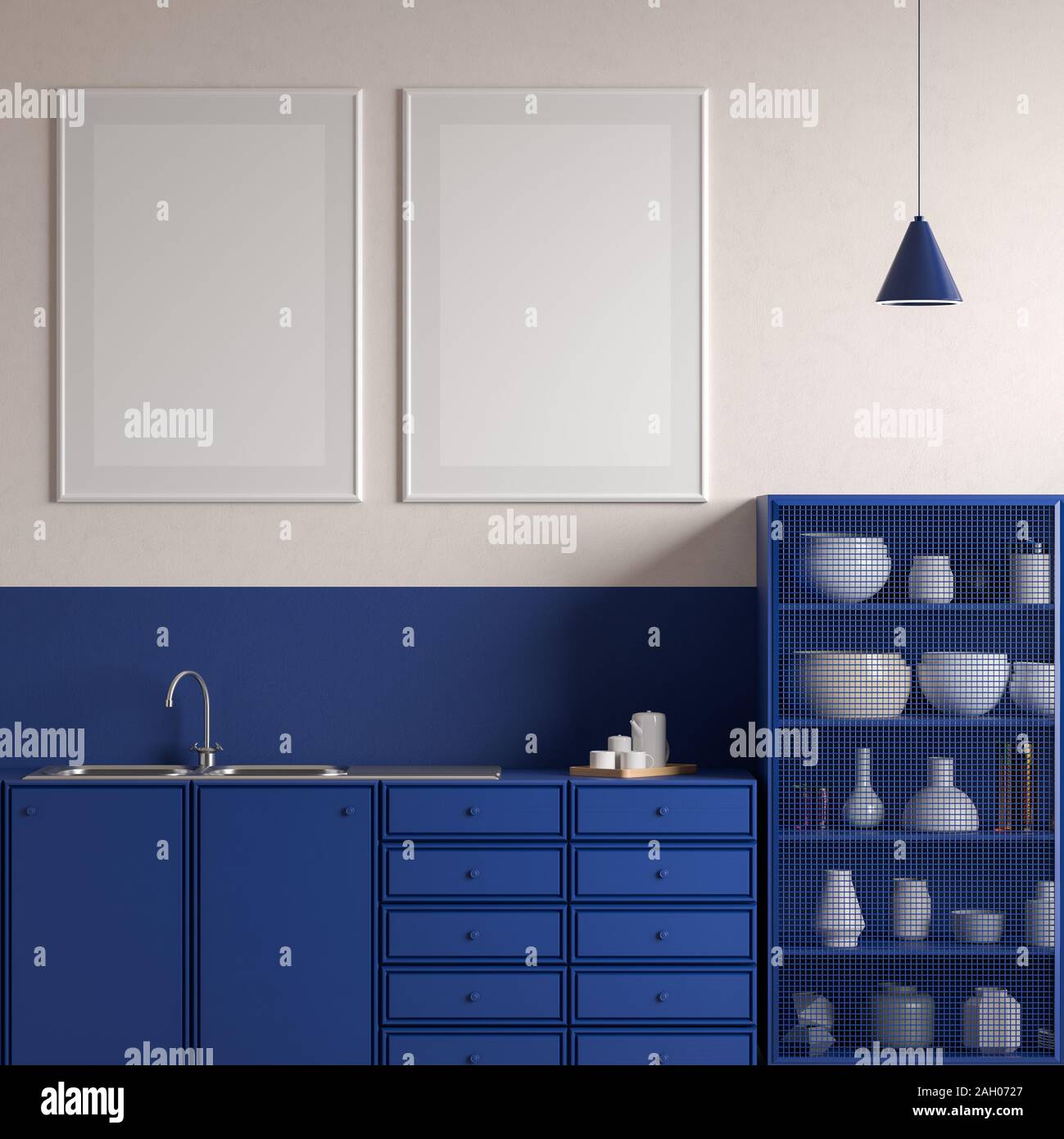 Mock up Titelbild im skandinavischen Stil Küche. 3D-Darstellung Stockfoto